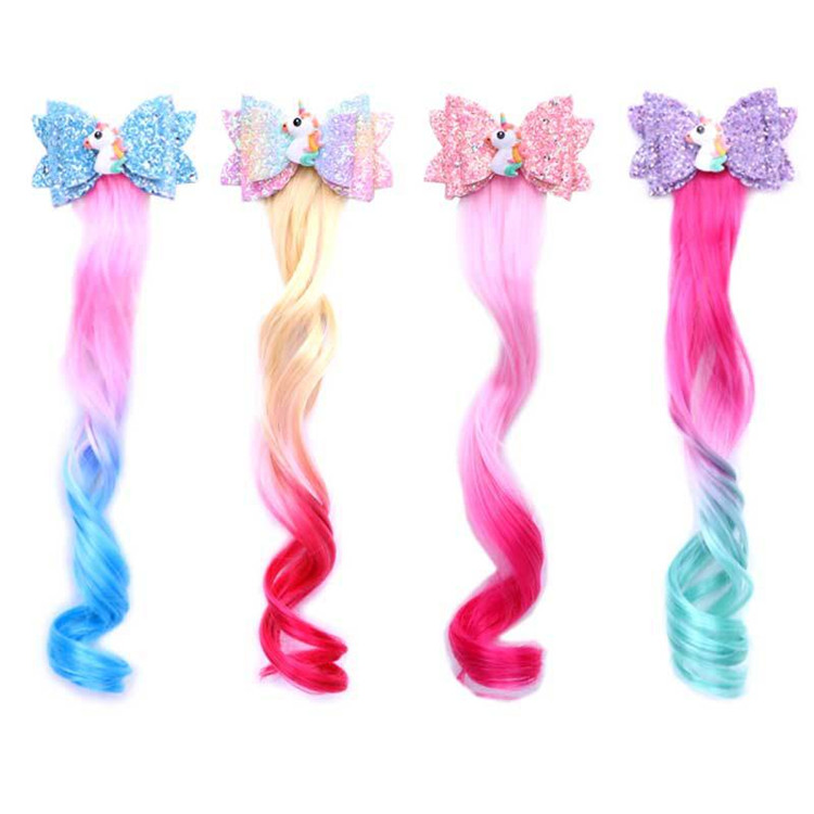 Colorful Children Unicorn Gradient Wig Bow Baby Wings Princess Flash Hair Accessories Clip